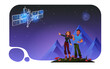 Woman and man show space satellite in sky cartoon design. Character and earth mountain landscape game graphic. Futuristic adventure with fantasy hologram at dark night. Cosmic travel concept