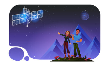 Wall Mural - Woman and man show space satellite in sky cartoon design. Character and earth mountain landscape game graphic. Futuristic adventure with fantasy hologram at dark night. Cosmic travel concept