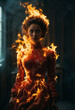 Dramatic portrait of a woman engulfed in blazing fire and flames.