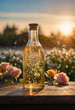 A glass bottle filled with flowers and decorative lights creates a beautiful natural floral cosmetics, flavor and aroma.