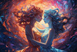 Fiery and icy feminine figures entwined in a passionate, elemental dance.