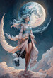 A mystical woman with flowing hair floats before a large full moon.