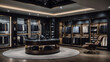 A spacious and luxurious men's clothing store with dark wood closets and displays.
