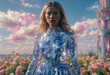 A young woman in a holographic crystalline blue dress stands among vibrant flowers against a colorful sky.