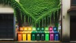 Colorful Recycling Bins in Ivy-Covered Urban Alley