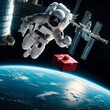 Astronaut with Red Gift Box Floating Near Space Station