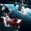 Astronaut holds Red Gift Box Floating Near Space Station