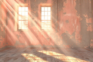 Wall Mural - Faded peach room with soft sun rays, emanating nostalgia and a tranquil vintage vibe.