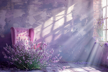 Wall Mural - Retro lavender room with soft retro sun rays, infusing warmth and vintage elegance.