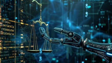 A robotic hand holding the scales of justice, symbolizing AI's role in maintaining law and order on planet Earth.