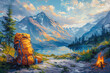 A mountain scene with an outdoor backpack and campfire, surrounded by trees and mountains in the background. Created with Ai