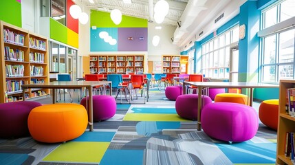 Wall Mural - Vibrant School Library: Modern Decor, Colorful Furniture, Inspiring Space