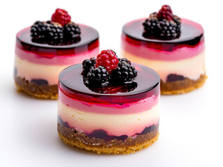 Two slices of multilayered cheesecake decorated with fresh blueberries, chocolate balls, and vibrant frostings, isolated on a white background.
