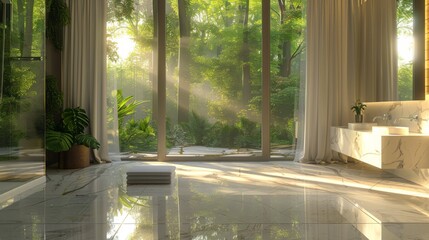 Ultra-detailed 3D rendering of a tranquil bathroom setup with a clear glass shower, white marble floors, and a wide window with a forest view, lit by soft, natural light.