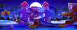 Waterpark with pools and slides at night. Cartoon vector illustration of dark empty closed amusement aquapark with tobogan, inflatable ball and lounge chair under full moon light. Aquatic playground.