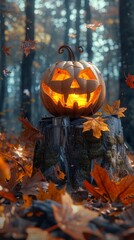 Wall Mural - Halloween, sinister pumpkin head-lantern, against the backdrop of nature. 