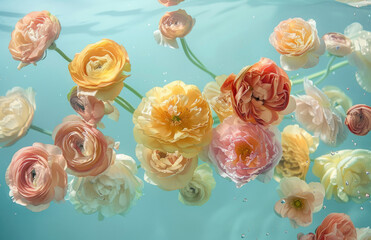 Wall Mural - A few pastel-colored flowers floating on a light blue background