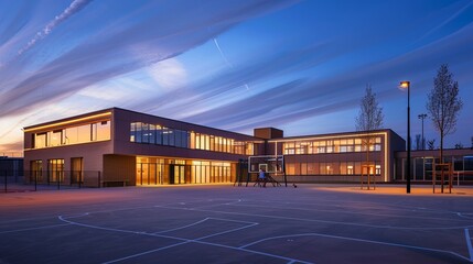 Wall Mural - Charming School Building Exterior and Basketball Court in Evening Glow