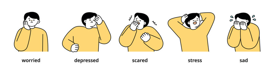 Poster - oy upper body character expressing 5 different emotions - set 4. simple outline vector illustration.