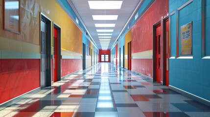 Wall Mural - Vibrant School Hallway Interior - 3D Illustration with Modern Design and Bright Lighting