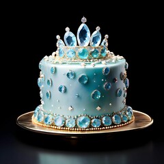 Wall Mural - cyan color Cake with gem and diamonds on top, gem and diamonds decorating cake, silver ball side, worthy nice sky blue cake design with beautiful light background, value gold cake design cyan colors