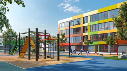 Vibrant Children's Fitness Playground and Gymnastic Equipment Set Against Modern School Building