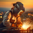 A welder is welding steel in an industrial business construction industry worker working with spark light 