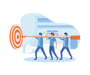 Poster - Business Goals Achievement Concept. Businesspeople Team Carry Huge Arrow with Businessman Standing on it Running to Huge Target. flat vector modern illustration