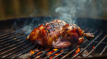 Wall Mural - Fresh whole chicken grilled over hot coals, puffs of smoke add a tempting aroma, Ai generated Images