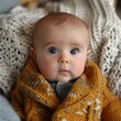Adorable Newborn Baby Gazing with Curious Expression under Warm Knitted Blanket