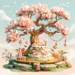 Wall Mural - there is a cake with candles on a table in front of a tree