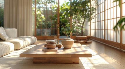 Wall Mural - Realistic 3D image of a Japan style living room with a low-profile wooden coffee table, clean lines, and abundant natural light creating a serene atmosphere.