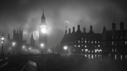 Foggy Edwardian London night sky in greyscale