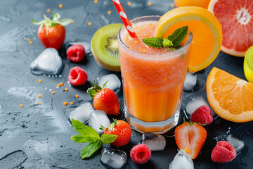 Wall Mural - A glass of fruit punch with ice cubes and a strawberry on the side. The glass is half full and the drink is a refreshing summer beverage