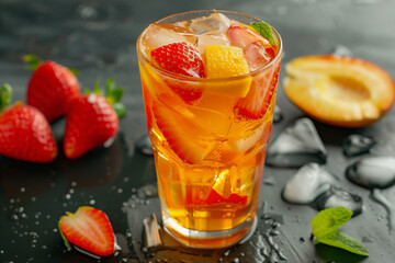 Wall Mural - A glass of red juice with a straw in it and a bunch of strawberries and oranges on the side