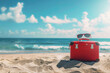 A red suitcase is on the beach.  The scene is peaceful and relaxing, with the ocean in the background