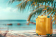 A yellow suitcase is sitting on a beach near the ocean. The bright color of the suitcase contrasts with the natural beauty of the beach, creating a sense of excitement and adventure