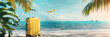 A yellow suitcase is sitting on a beach near the ocean. The bright color of the suitcase contrasts with the natural beauty of the beach, creating a sense of excitement and adventure