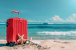 A red suitcase is on the beach.  The scene is peaceful and relaxing, with the ocean in the background