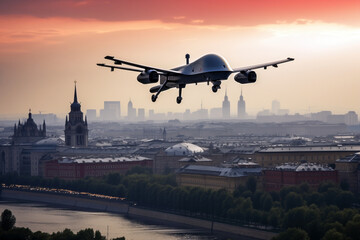 Wall Mural - Unmanned military drone flies in the sky over large city