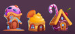 Candy land house. Fantasy chocolate sweet vector set. Confectionery and cream city building isolated object. Gingerbread dessert ui village design. Cute magic caramel dreamland world icon illustration