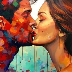 Wall Mural - a man and woman are both kissing in a romantic embrace. international kissing day. Generative AI