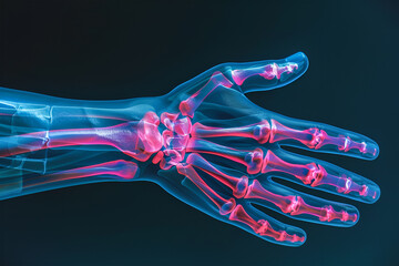 X-ray of human hand. Real human hand image in blue red veins. All bones and structure. Anatomy