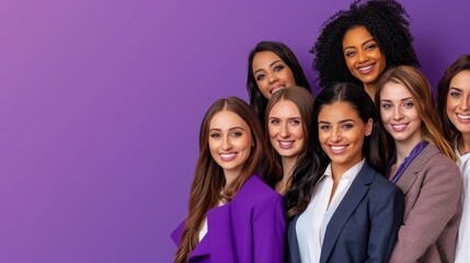 A group of diverse, multi-racial and multi-ethnic female colleagues smiling for Women's Equality Day photo shoot, International Women's Day photo shoot