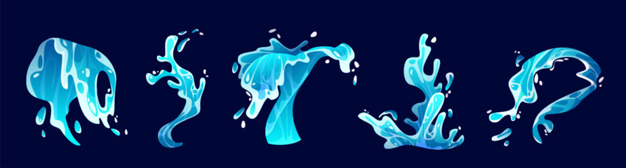 Poster - Set of water wave splashes isolated on background. Vector cartoon illustration of blue sea, ocean liquid spill with drops, surfing motion effect, fountain stream, swimming adventure design elements