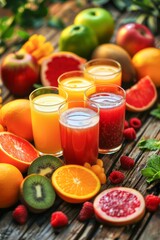 Assorted Fresh Fruit Juices Served With Citrus Slices and Berries on a Dark Surface