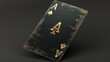 a single black ace playing card with gold letters, floating in the air, trace monotone, black, installation.