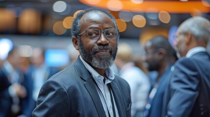 Poster - A group of working professionals, talking and hanging out at a trade conference event. The group consists of Caucasian and African American people. Generative AI.