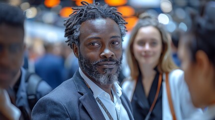 Poster - A group of working professionals, talking and hanging out at a trade conference event. The group consists of Caucasian and African American people. Generative AI.