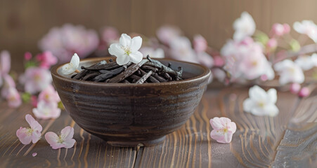 Wall Mural - A bowl of vanilla beans with spring flowers, including almond blossoms and white camellias, sits on an old wooden table
